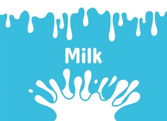Milk splash background. Milkshake presentation, liquid cream or dairy product. White drink on light blue. Fresh healthy food, dessert yogurt exact vector poster