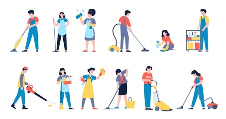 Cleaning service workers. Wash floor smiling cleaner, professional cleanliness team. Flat housekeeping staff with vacuum and tools, recent vector characters - obrazy, fototapety, plakaty