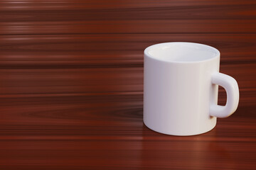 White ceramic coffee mug or tea cup on wooden table top surface realistic 3d illustration. Design element with copy space. Breakfast at kitchen or coffee shop concept. Banner or cafe menu template.