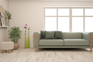 White living room with sofa. Scandinavian interior design. 3D illustration