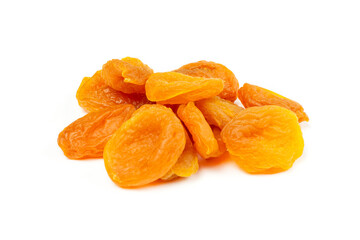 Dried apricots on a white isolated background. A handful (pile) of orange dried apricots.