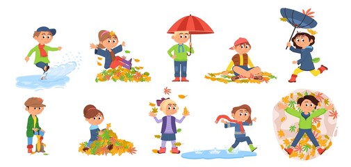 Obraz na płótnie Canvas Autumn children walking. Kids play leaves and stand with umbrella. Colorful cartoon little characters gathering leaf, jump in puddle and run under rain decent vector set