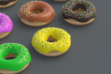 Strewn donuts on gray background. Homemade bakery. Break time. Sweet dessert. Fast food. Copy space. 3d render