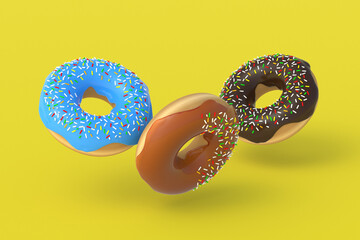 Flying donuts on yellow background. 3d render