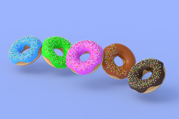 Levitating glazed donuts on purple background. Homemade bakery. Break time. Sweet dessert. Fast food. 3d render