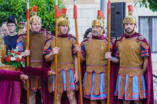 Barcelona, Spain - May 14, 2022. Group of Roman legionaries in honor of Saint Anastasi, patron saint of Badalona, Spain.