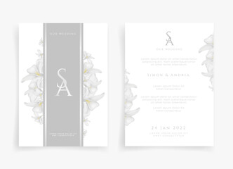 White wedding card or invitation card in white flower  theme front side and back side