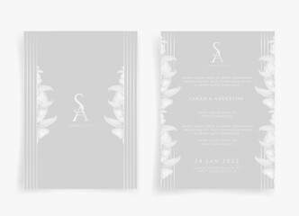 White wedding card or invitation card in white flower theme front side and back side