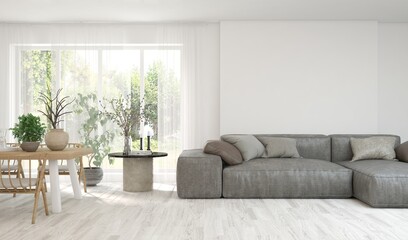 Minimalist living room in white color with sofa and summer landscape in window. Scandinavian interior design. 3D illustration