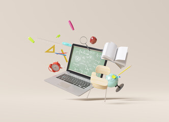 School supplies with laptop. Online education concept. 3d rendering