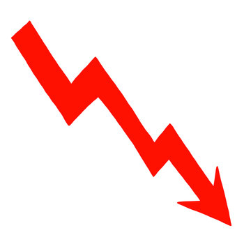 drawn decline red arrow isolated on background with clipping path.  red decrease arrow for financial crisis, inflation, collapsing, negative stock concept.