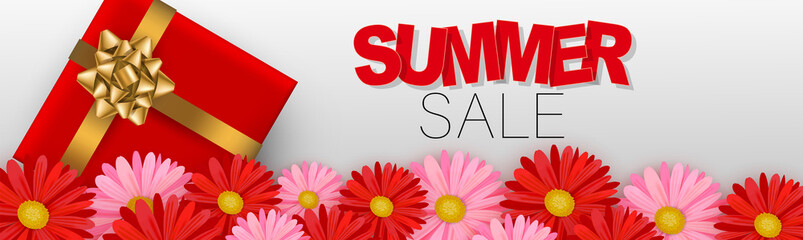 Summer sale banner. Daisy flowers and gift boxes. vector illustration.
