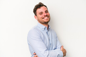 Young caucasian man isolated on white background happy, smiling and cheerful.