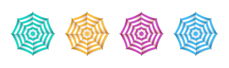 Umbrella for beach. Umbrella for sand beach, sun, summer and pool. Parasol top view. Sunshade for chair on sea. Colorful striped realistic parasols with shadow. Vector - obrazy, fototapety, plakaty
