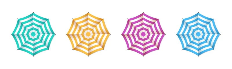 Foto op Canvas Umbrella for beach. Umbrella for sand beach, sun, summer and pool. Parasol top view. Sunshade for chair on sea. Colorful striped realistic parasols with shadow. Vector © Wise ant