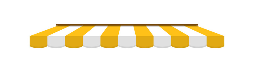 Yellow tent of shop. Awning on store and cafe. Roof of window marketplace. Yellow-white stripe canopy for store or market. Striped sunshade for restaurant. Parasol on white background. Vector