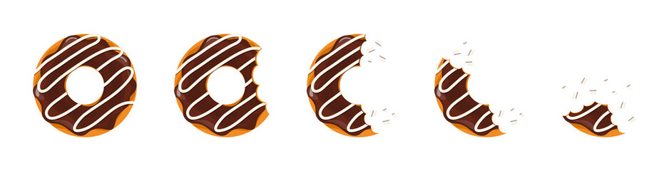 Chocolate donut bite. Dessert doughnut bitten. Sweet cake. Chocolate donuts. Icon of cartoon food. Circle doughnut with glazed and cream. Set of half and bite of cake. Vector
