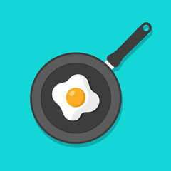Pan with egg. Fried egg in pan. Fry on skillet. Icon of cooking omelet and breakfast. Saucepan with food top view. Flat logo for kitchen. Metal skillet with product. Vector - obrazy, fototapety, plakaty