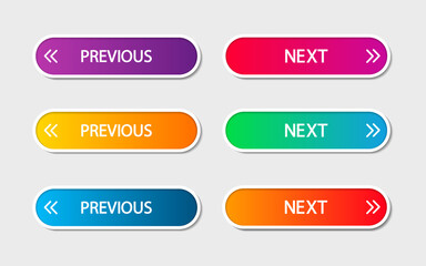 Next and previous buttons. Next and previous icons. Back or forward in web page, website and slideshow. Button with arrows for prev, go and slide. UI elements. Vector