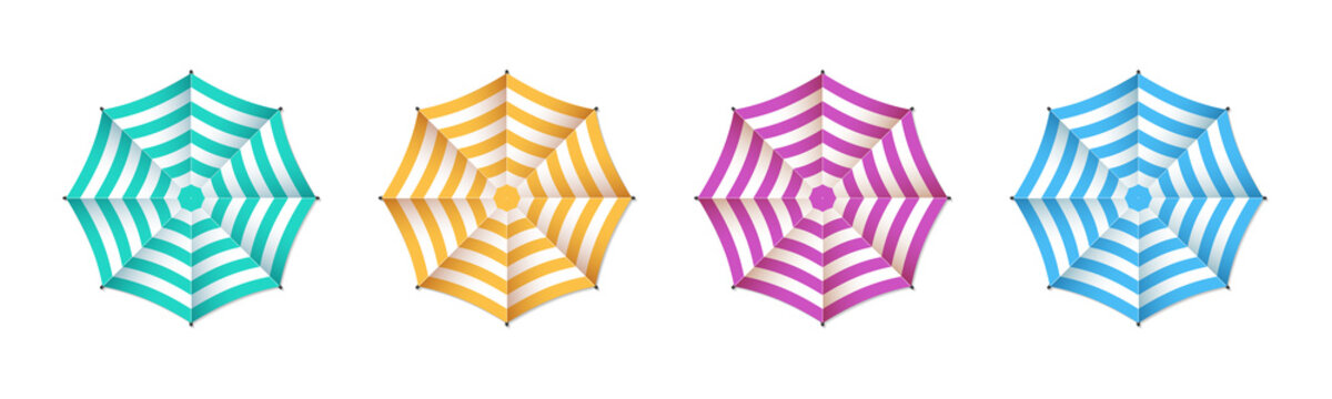 Umbrella for beach. Umbrella for sand beach, sun, summer and pool. Parasol top view. Sunshade for chair on sea. Colorful striped realistic parasols with shadow. Vector