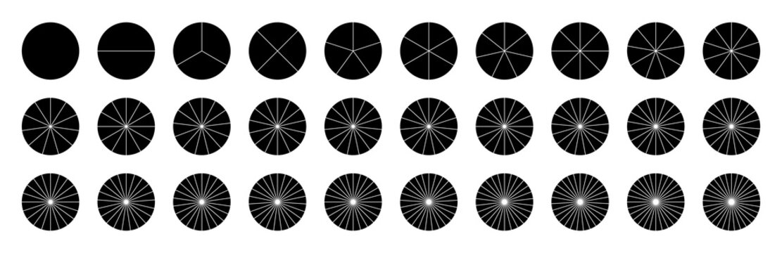 Segment Of Circle. Graph Pie Of Circle. Chart With Segments. Round Pie With Divide And 29 Segments. Diagram With Sections. Outline Icons For Infographic, Pizza, Fraction And Portion. Vector