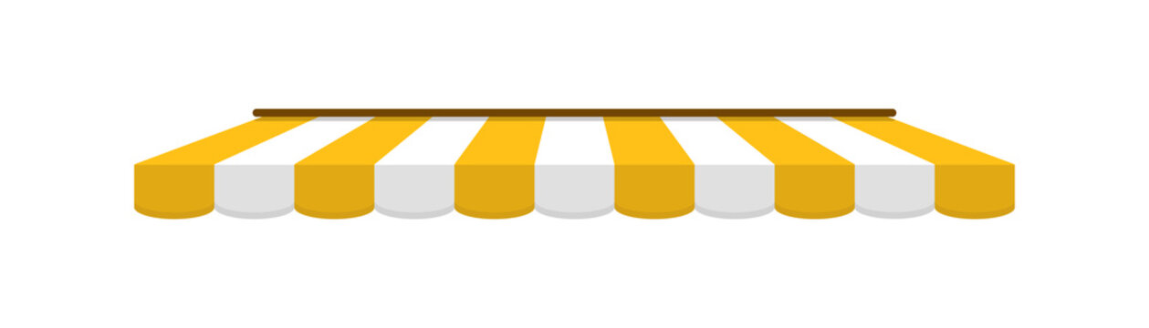 Yellow tent of shop. Awning on store and cafe. Roof of window marketplace. Yellow-white stripe canopy for store or market. Striped sunshade for restaurant. Parasol on white background. Vector