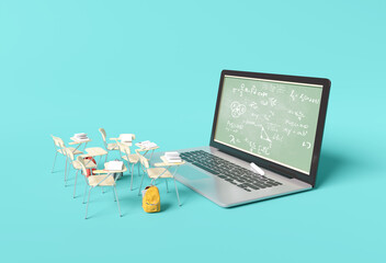 Online classroom on laptop. Online education concept. 3d rendering