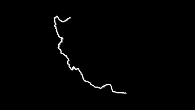 Iran map, country territory outline self drawing animation. Line art. Black background.