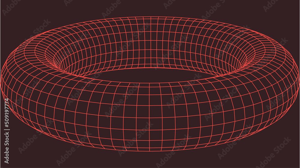Poster wireframe 3d torus. perspective grid background texture. meshy torus model. vector illustration.