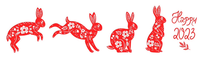 Chinese Lunar New Year rabbits isolated on white background. Vector graphics.