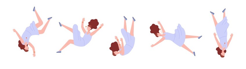 Woman falling in dream. Depression girl fall down nightmare violence pain, beautiful female floating space dreams, oppression goddess fatigue syndrome, splendid vector illustration