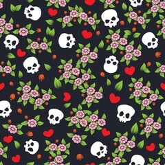 Skulls and hearts floral design wallpaper
