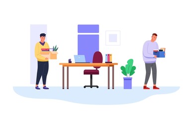Employee turnover. Jobless man leaving office company, staff replace change replaced employees, dismissed resign worker, replacement workplace two managers, vector illustration