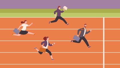 Race running businessmen. Urgency business competition, office worker on rubber line track, corporate sport gaming of executives, fleeing work