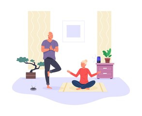 Seniors practicing yoga. Elderly couple stretching exercise home, sport elder people relaxation, sporty grandfather healthy old lady fitness meditation, cartoon vector illustration
