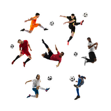 Collage of different professional sportsmen, fit people in action and motion isolated on white background. Concept of sport, achievements, competition, championship.