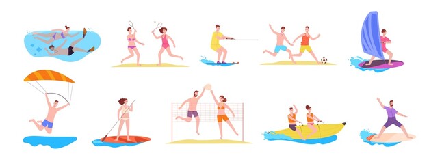 People beach games. Summer sport game activity, surfing volleyball windsurfing water ski boat, sea vacation friend team active leisure fun recreation, splendid vector illustration