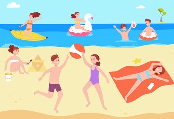 Children sunbathing beach. Kids on sunny sea landscape, baby sunbath or sunburn plying swim in summer ocean water, hot sun sand build fun child resort, splendid vector illustration