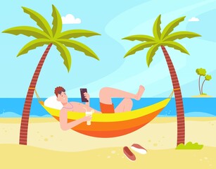 Relax in beach hammock. Leisurely man lying under palm at sea ocean island, summer vacation thailand recreation bali rest holiday lounging life person, splendid vector illustration