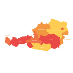 States of Austria. Map of regional country administrative divisions. Colorful vector illustration