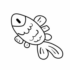 Black doodle fish vector illustration. Animal icon for kids. Line art on white background.