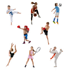 Collage of little sportsmen, fit boys and girls in action and motion isolated on white background....