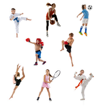 Collage Of Little Sportsmen, Fit Boys And Girls In Action And Motion Isolated On White Background. Concept Of Sport, Achievements, Competition, Championship.