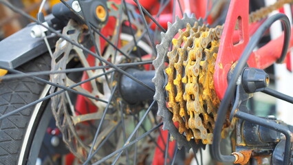 Close up Bicycle Part with Old Cassette Gear is rusty. Bicycle Gear is rusty.