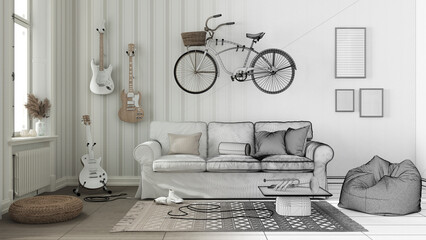 Architect interior designer concept: hand-drawn draft unfinished project that becomes real, living room, striped wallpaper, sofa, bicycle and musical instruments hanging on the wall