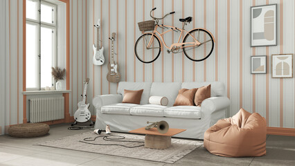 Modern living room in white and orange tones, striped wallpaper, sofa, bicycle and musical instruments hanging on the wall, table, carpet and window. Scandinavian interior design - obrazy, fototapety, plakaty