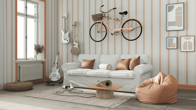 Modern living room in white and orange tones, striped wallpaper, sofa, bicycle and musical instruments hanging on the wall, table, carpet and window. Scandinavian interior design