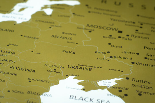  Part of the map of eastern Europe with Ukraine, Belarus, and Russia, and the Black Sea on the first plan. Editorial image of Russian war territory. 