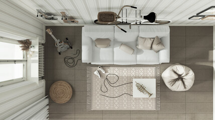 Scandinavian living room in white tones, striped wallpaper, sofa, bicycle and musical instruments hanging on the wall, concrete tiles.Top view, plan, above. Modern interior design