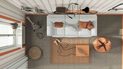 Scandinavian living room in white and orange tones, striped wallpaper, sofa, bicycle and musical instruments hanging on the wall, concrete tiles.Top view, plan, above. Interior design